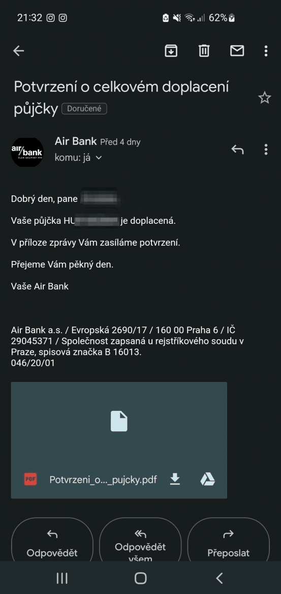 Air Bank. E-mail o doplacení původní půjčky