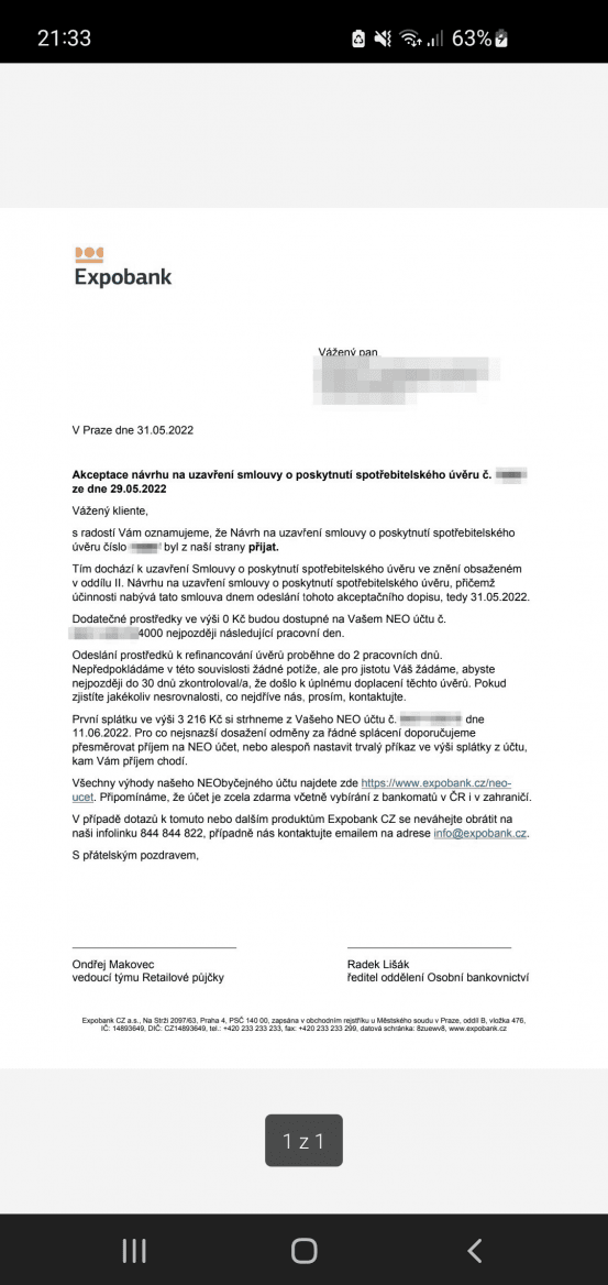 Expobank. Akceptace smlouvy produktu Refixo.
