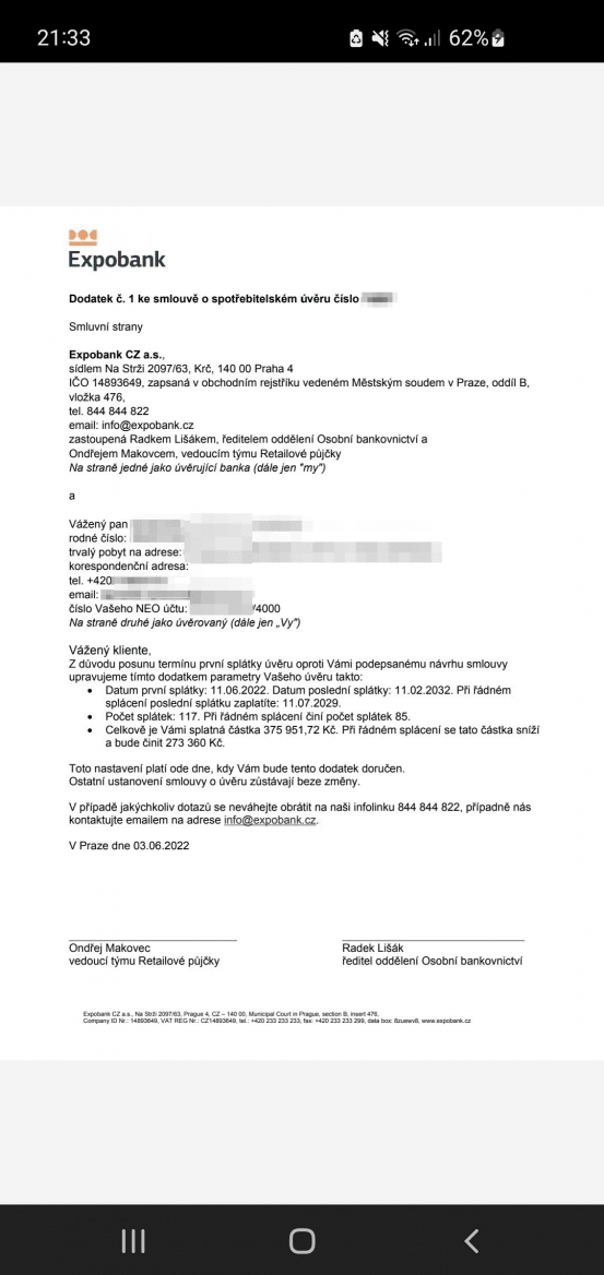 Expbank. Mírná úprava splátek vlivem posunutí termínu čerpání úvěru.