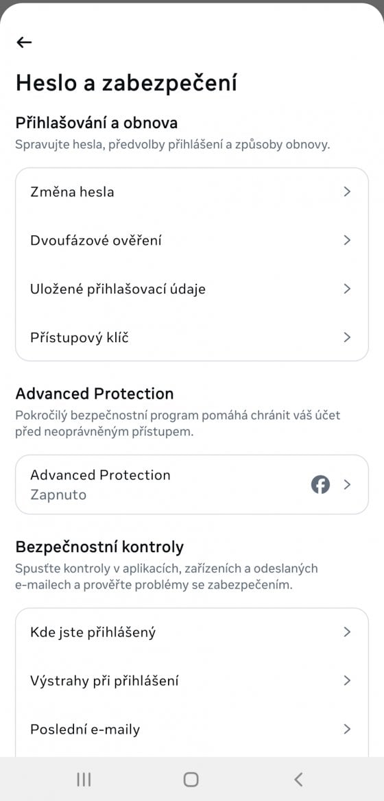Facebook - mobilni aplikace - bezpecnost - passkeys