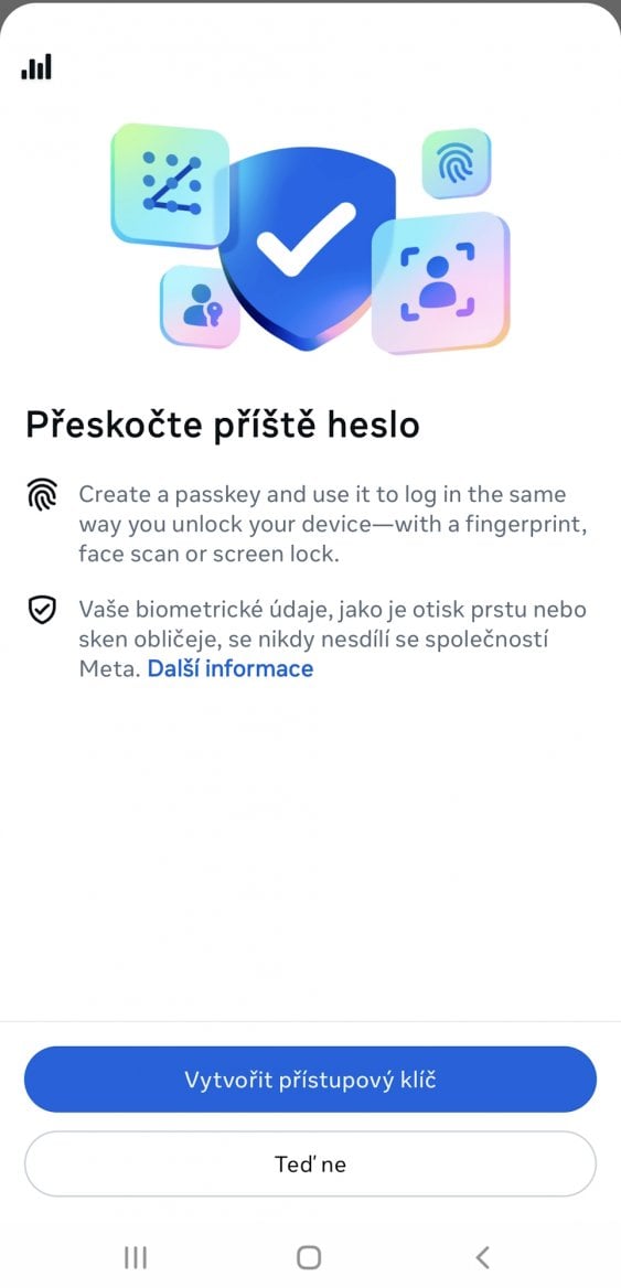 Facebook - mobilni aplikace - bezpecnost - passkeys