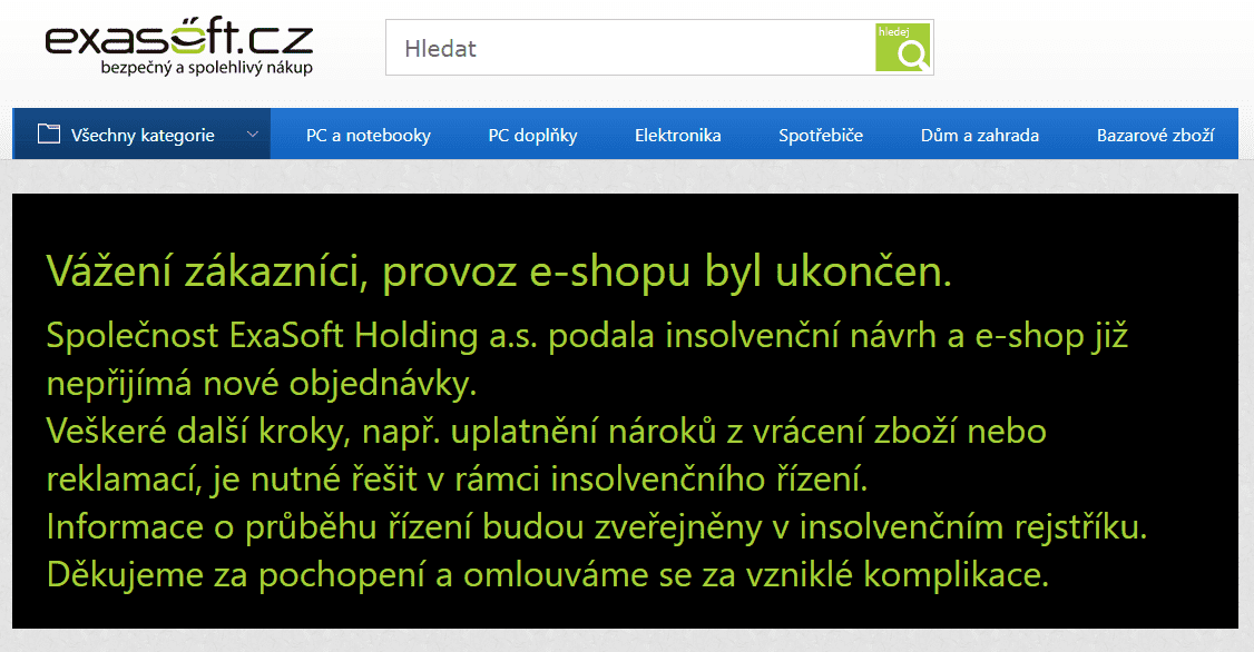 Od konce dubna je na webu ExaSoft jen varovná informace