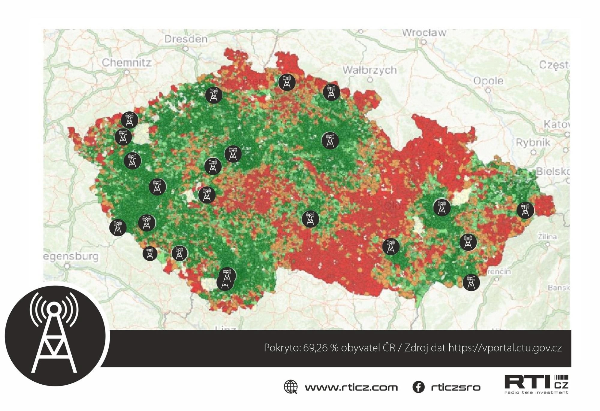 Orientační mapa pokrytí DAB+ sítě RTI CZ