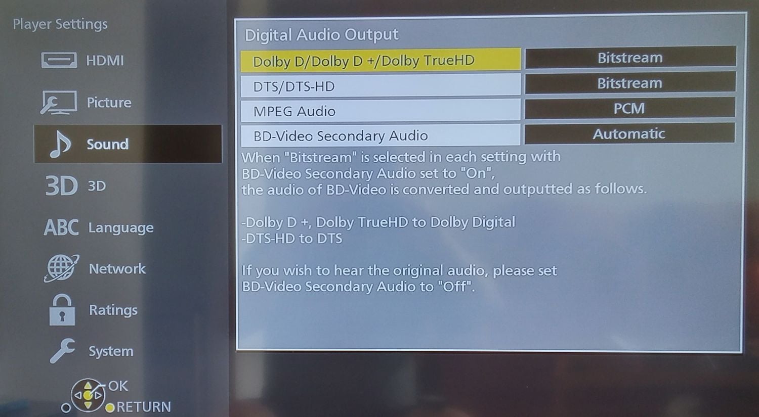 Panasonic DMP-UB900 - menu nastavení