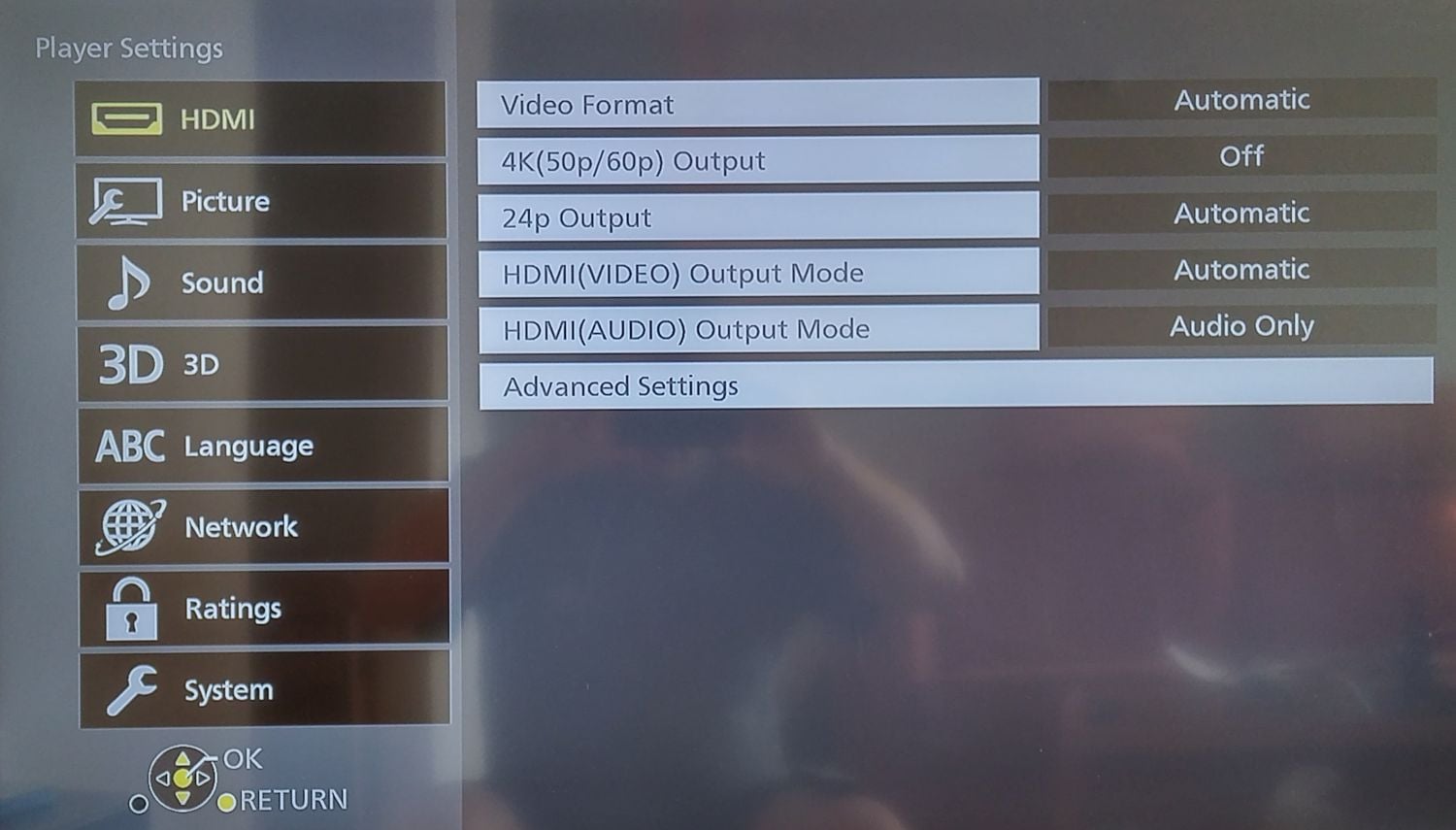 Panasonic DMP-UB900 - menu nastavení