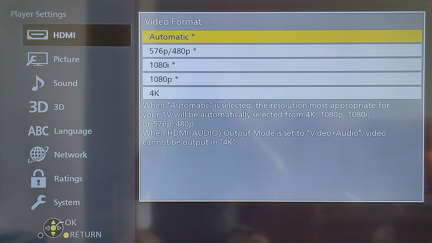 Panasonic DMP-UB900 - menu nastavení