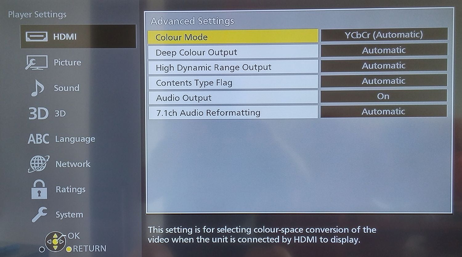 Panasonic DMP-UB900 - menu nastavení