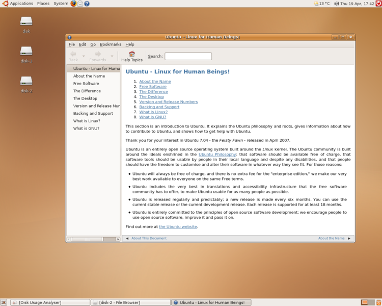 Ubuntu 7.04 Feisty Fawn: Šesté vydání Ubuntu přineslo podporu virtualizace pomocí KVM, automatickou instalaci kodeků a proprietárních ovladačů a GNOME Control Center. Naopak ukončena byla podpora PowerPC. Vzhled určovalo prostředí Gnome 2.17.