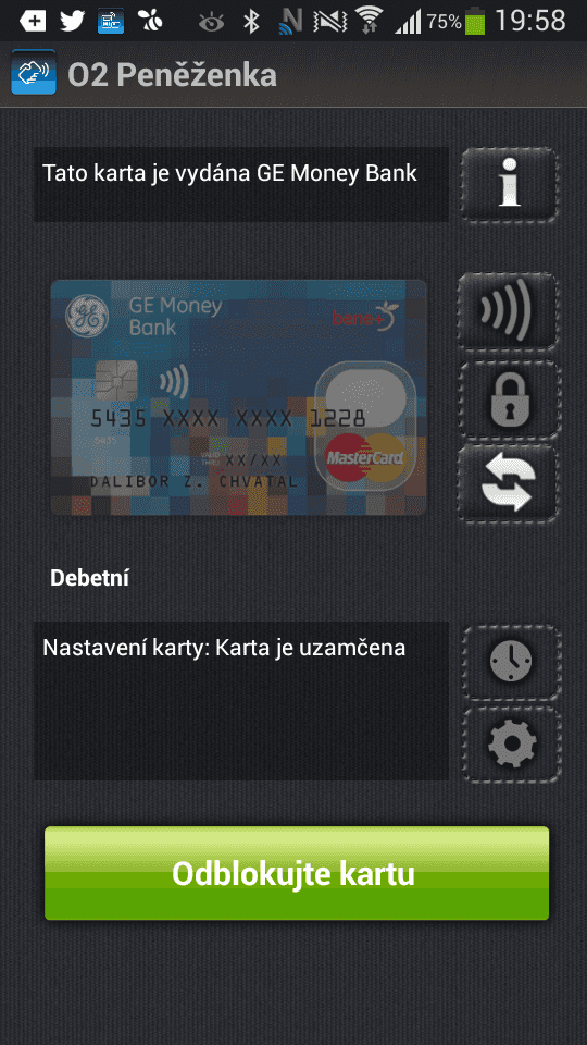 Testování NFC debetní a kreditní karty GE Money Bank na bázi NFC SIM od O2 (06/2014).