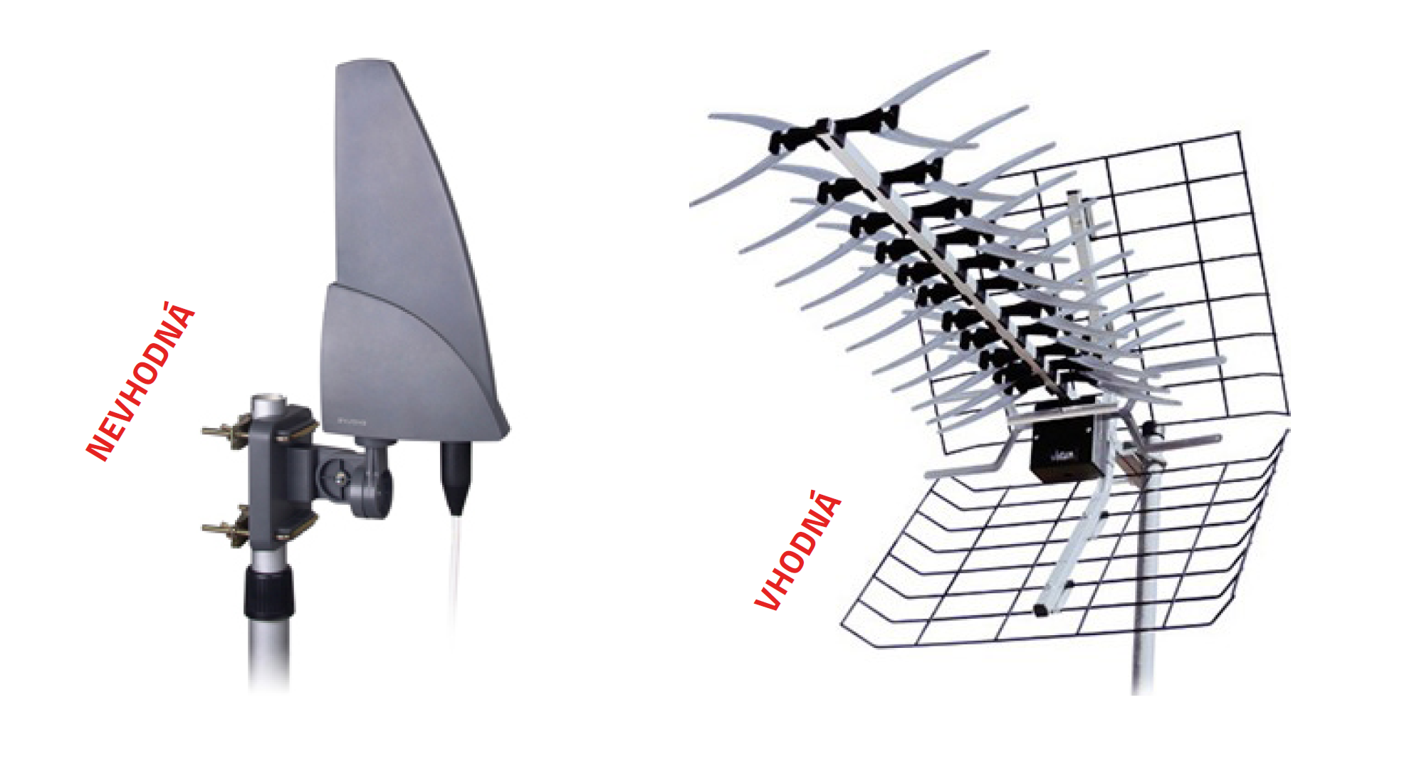 Rozdíl na ilustračním obrázku od Českého telekomunikačního úřadu je patrný na první pohled: vlevo je příklad „aktivní“ venkovní antény (nevhodné pro příjem DVB-T2), vpravo je pak klasická venkovní anténa, vhodná pro příjem DVB-T2.