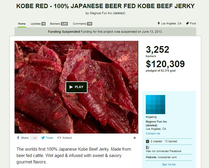 Sušené maso z populárního hovězí z japonského Kobe. Tento podvod ale Kickstarter včas odhalil. Každopádně vyhlášená dobrota přilákala tři tisíce investorů.