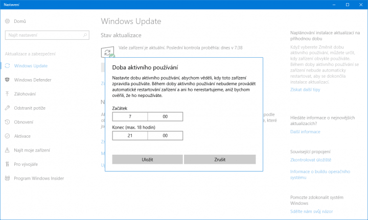 Aktivní hodiny jsou časovým oknem, během něhož k vynucenému restartování počítače nedojde