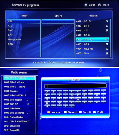 Seznam TV programů zobrazíme tlačítkem OK, nebo tlačítkem FAV (horní obrázek). Editace seznamu programů je patrná z obrázku. Tlačítkem FIND (spodní obrázek) zobrazíme Seznam televizních, nebo rozhlasových programů. Pro rychlé vyhledání příslušného programu máme k dispozici virtuální klávesnici.