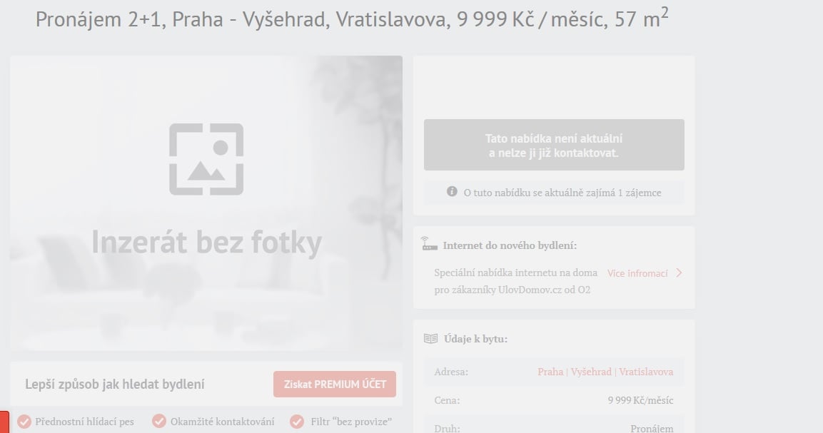 Podvodný inzerát na UlovDomov.cz v offline režimu (na Sreality.cz už byl v době přípravy článku smazán)