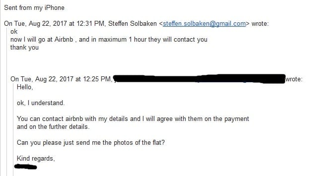 Podvodníci slibují kontakt ze strany Airbnb (ve skutečnosti přijde e-mail z podvodné domény)