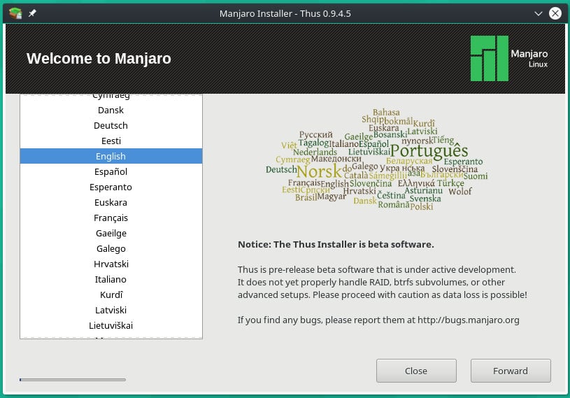 Manjaro: instalátor Thus