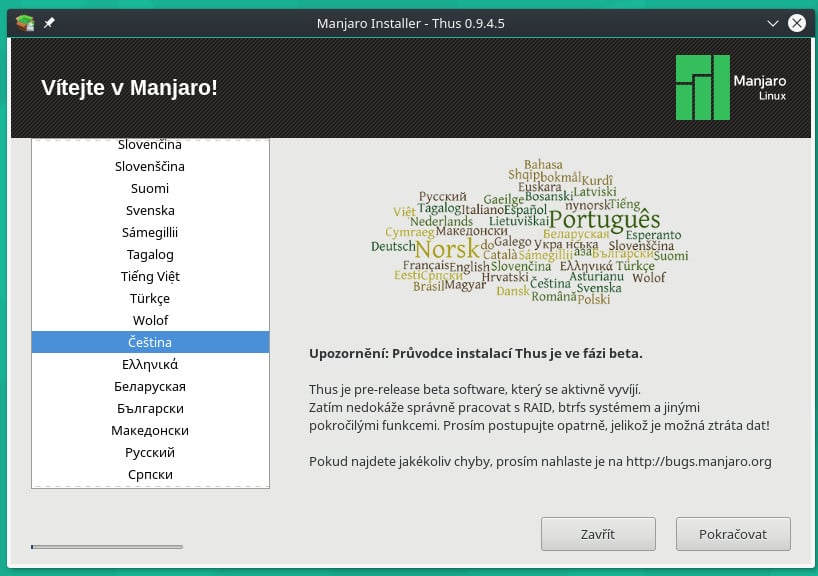 Manjaro: instalátor Thus
