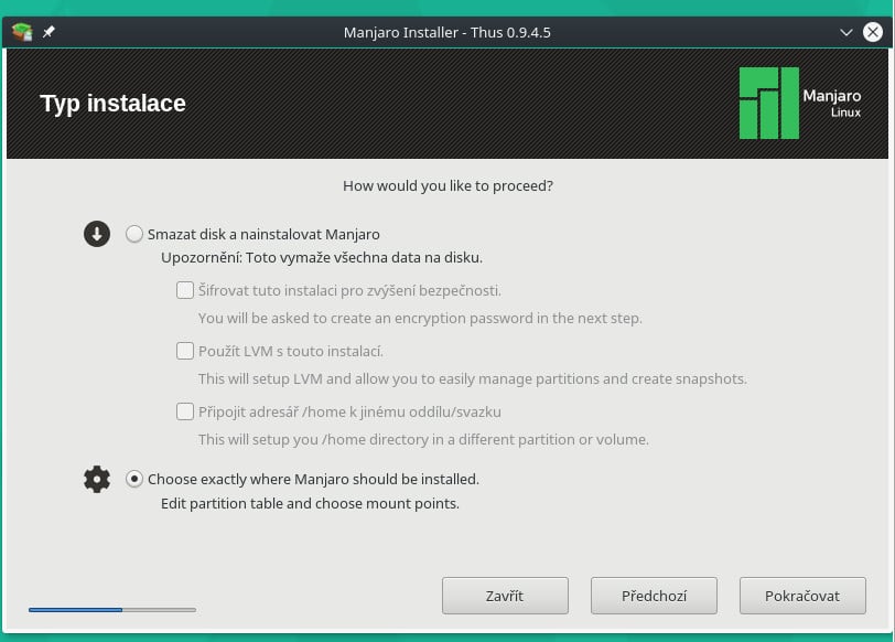 Manjaro: instalátor Thus