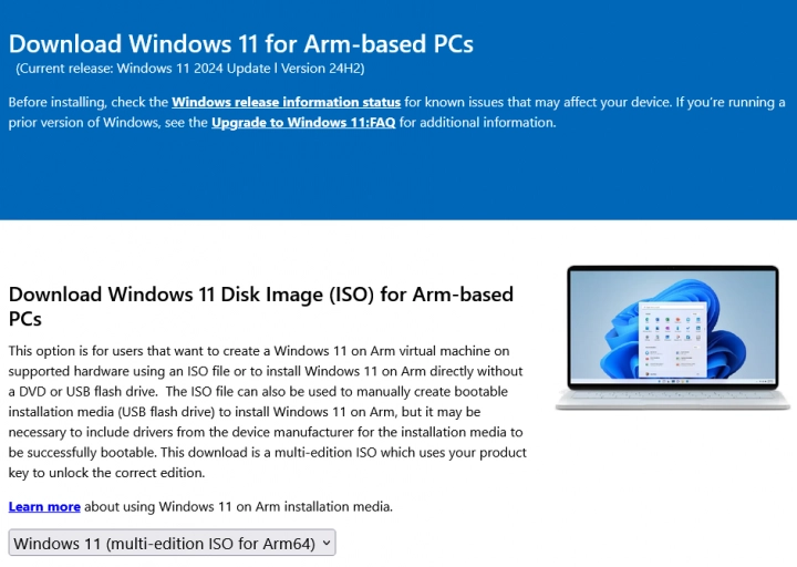 Samostatné instalační médium (iso) Windows 11 pro procesory ARM na webu MIcrosoftu