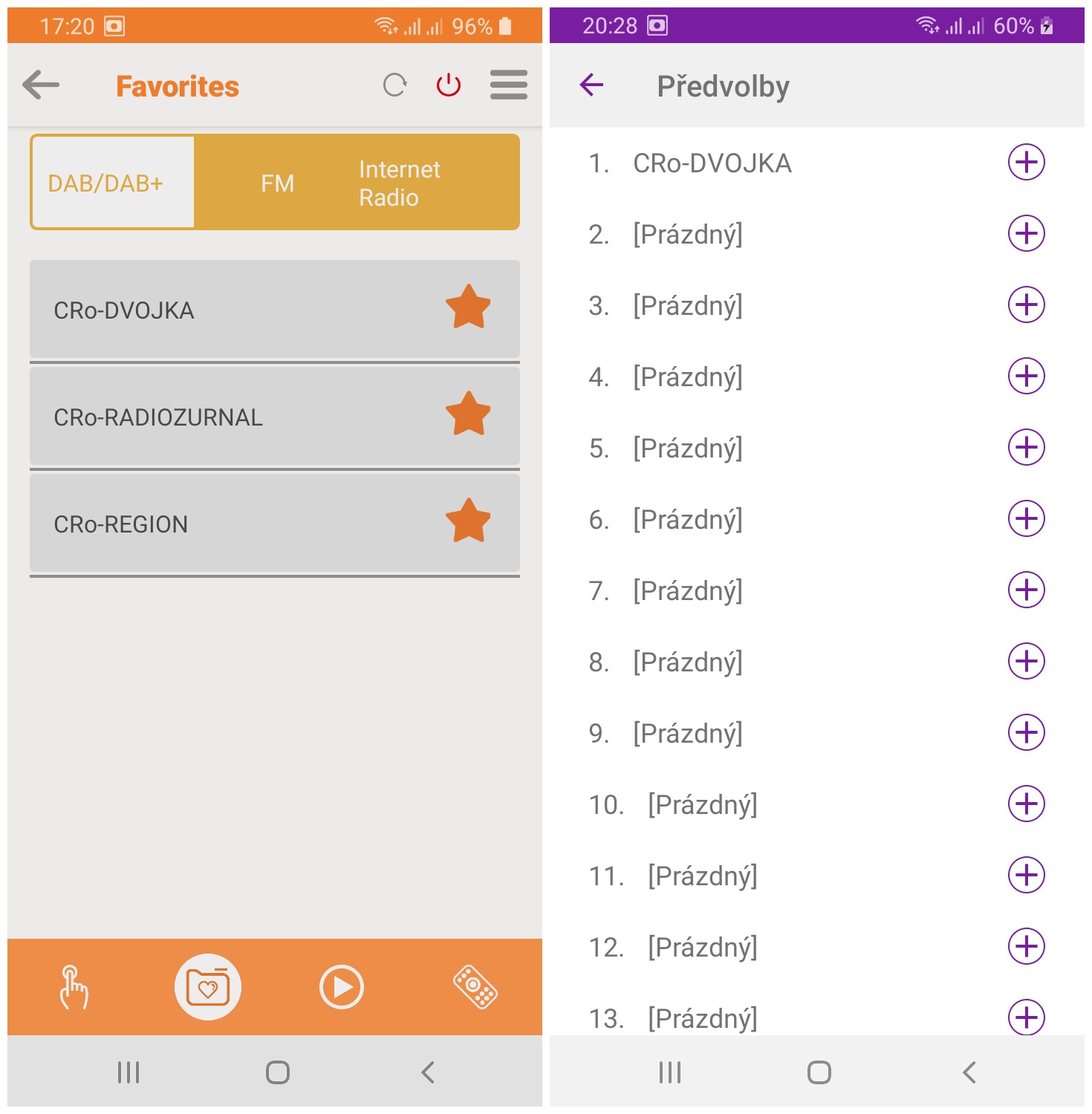 Seznam s oblíbenými stanicemi (vlevo aplikace Soundmate, vpravo aplikace Undok)