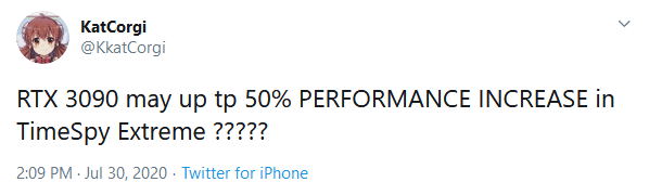 KatCorgi o výkonu Nvidia GeForce RTX 3090 na Twitteru