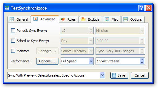 Plánování synchronizace na záložce Advanced.