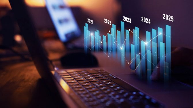 roční finanční zpráva, graf se statistickými údaji za jednotlivé roky, vývoj a růst společnosti v jednotlivých letech, 2025