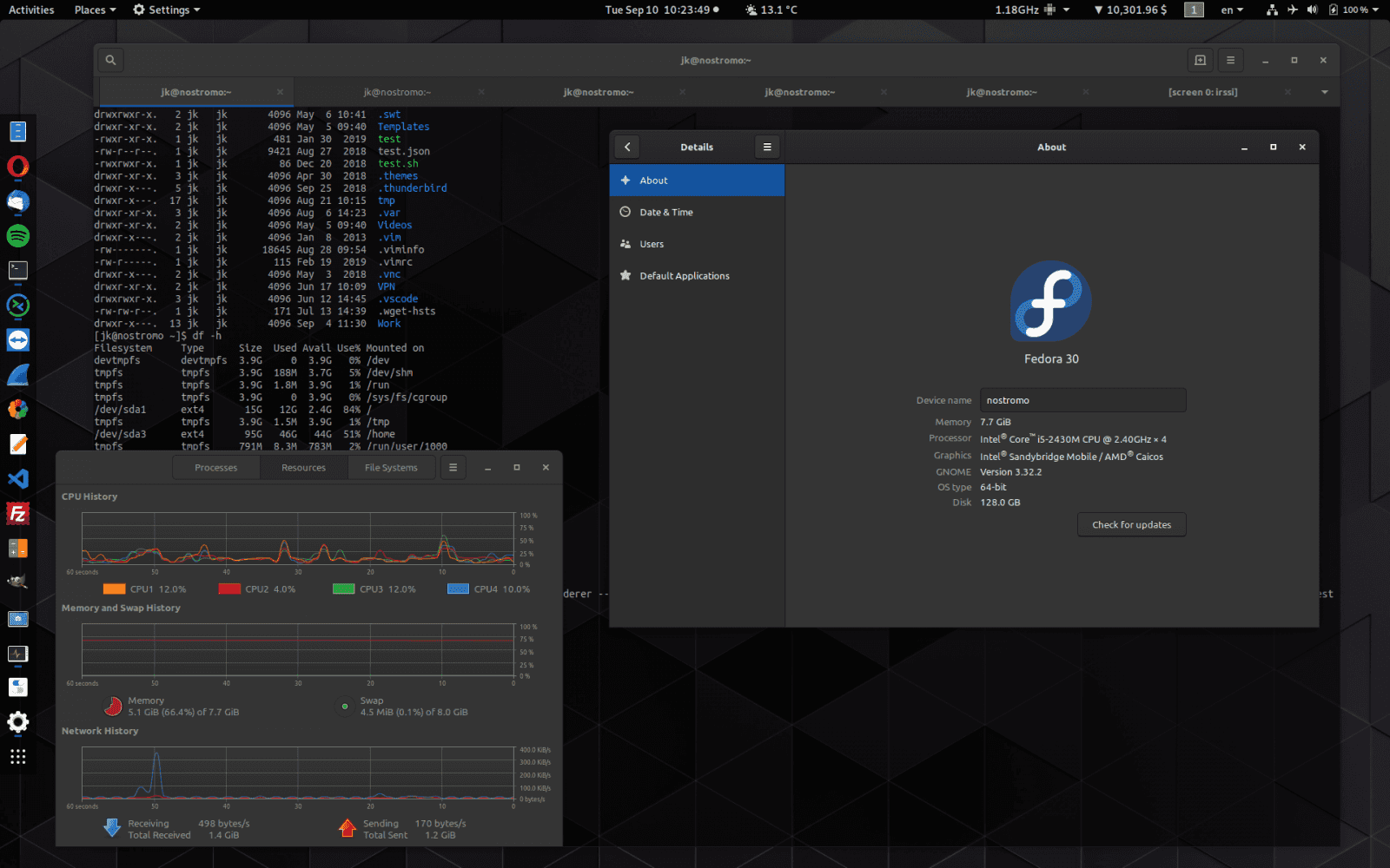 gnome-system-monitor, gnome-terminal, gnome-shell, thunderbird, opera