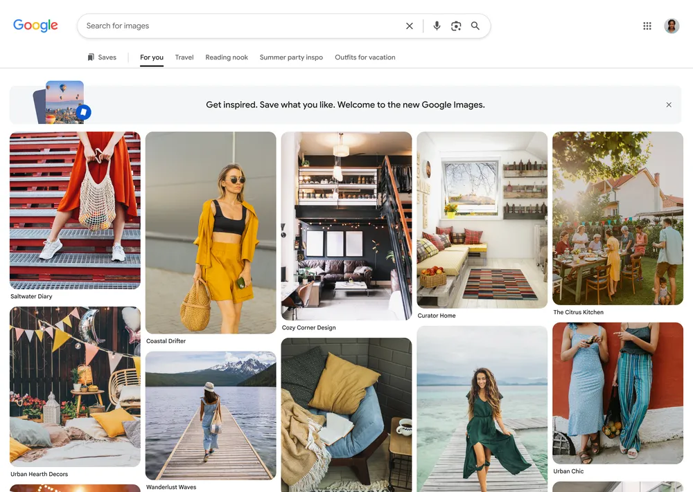 Oficiální ukázka Obrázků Google na počítači s pěti sloupci fotografií a nabídkou uložených kolekcí.