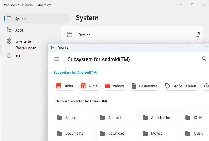 Windows Subsystem for Android zjednodušuje výměnu dat mezi oběma operačními systémy a umožňuje aplikacím pro operační systém Android přistupovat k souborovému systému operačního systému Windows.