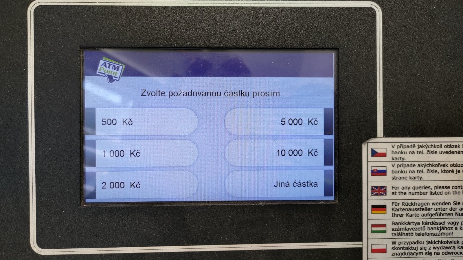Bankomat sítě ATM Point. Přirážka DCC: 19 %. Poplatek 115 Kč. (01. 04. 2026)Bankomat sítě ATM Point v prostorách směnárny Euroexchange s.r.o. na ulici Spálená 106/47, Praha 1 (01. 04. 2026)