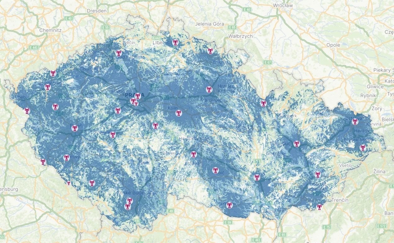 Pokrytí České republiky signálem DAB+ multiplexu RTI CZ