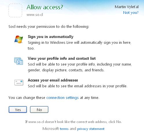 Nebo se přihlásit k účtu na Windows Live a povolit So.cl, aby o vás získal některé informace. 