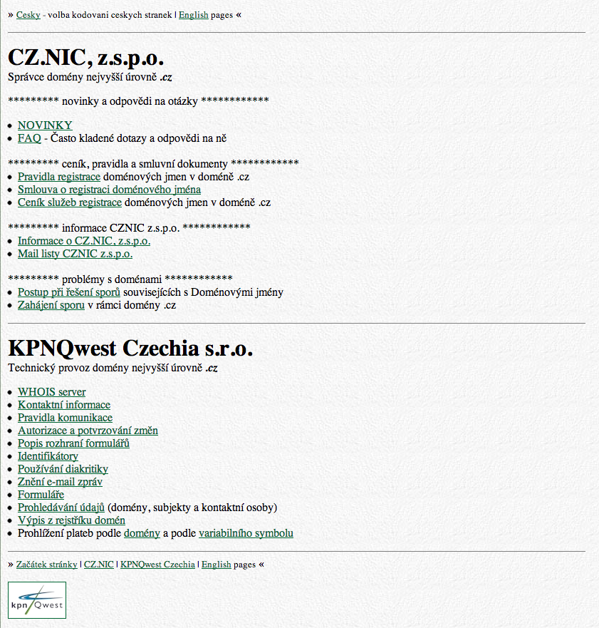 Web správce české národní domény CZ.NIC tak, jak vypadal v roce 2000.