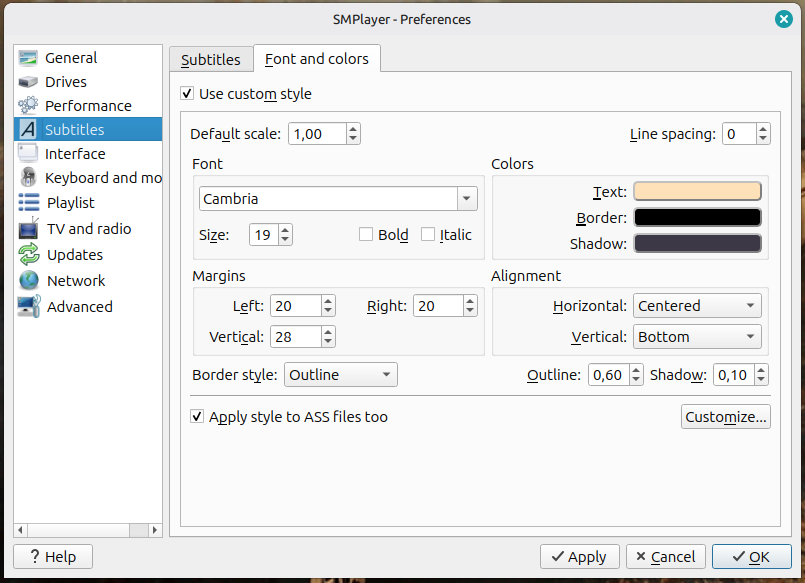 Nastavení stylu titulků v SMPlayeru