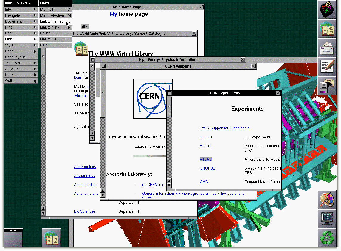 Screenshot z roku 1993. Webový browseru na pracovní stanici NeXT.
