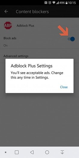Když Adbhlock zapnete, řekne vám, že akceptovatelné reklamy zobrazovány nadále budou