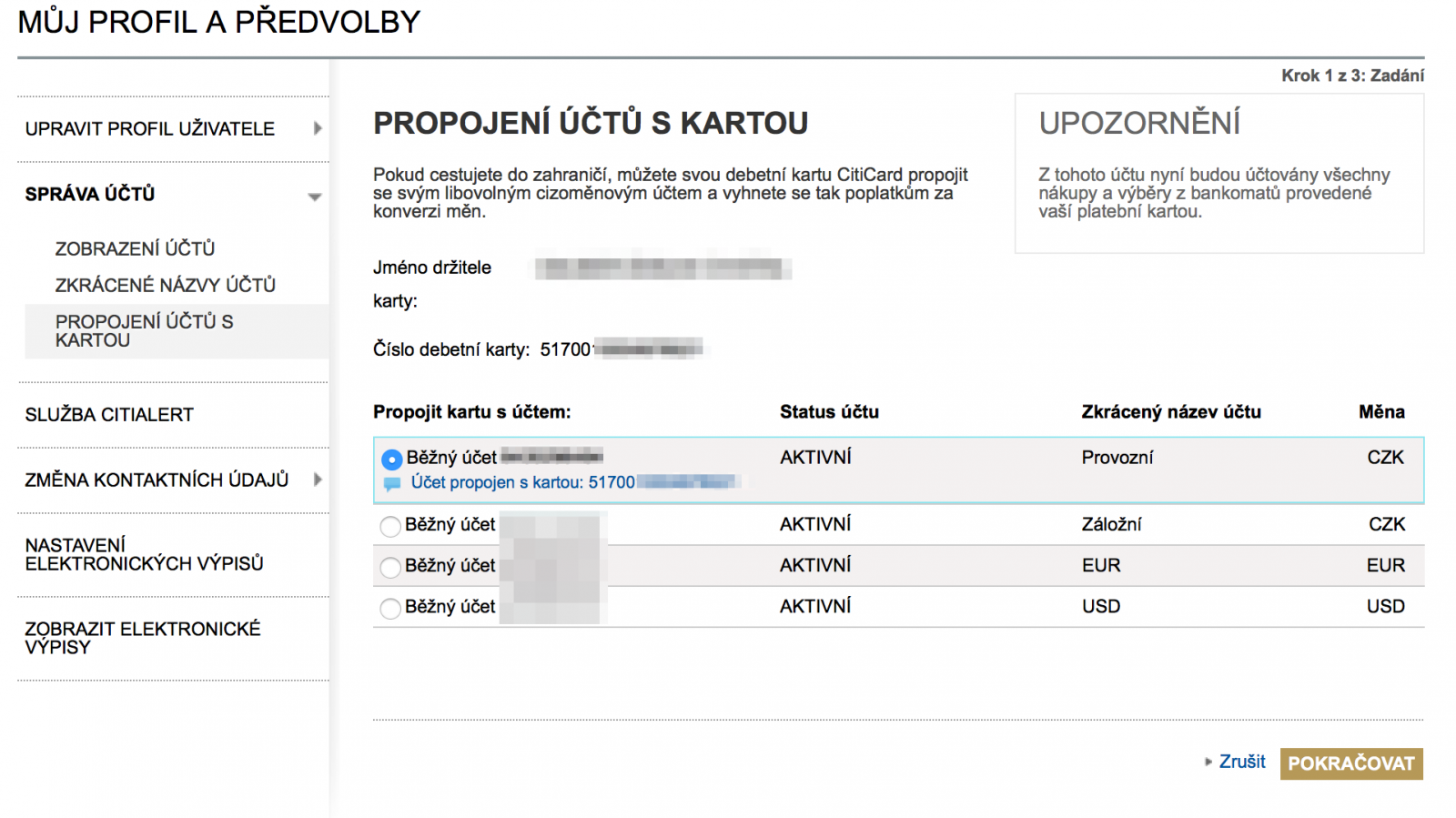 Debetní kartu lze libovolně připojovat a odpojovat k účtům v CZK, EUR, USD a dalších měnách.