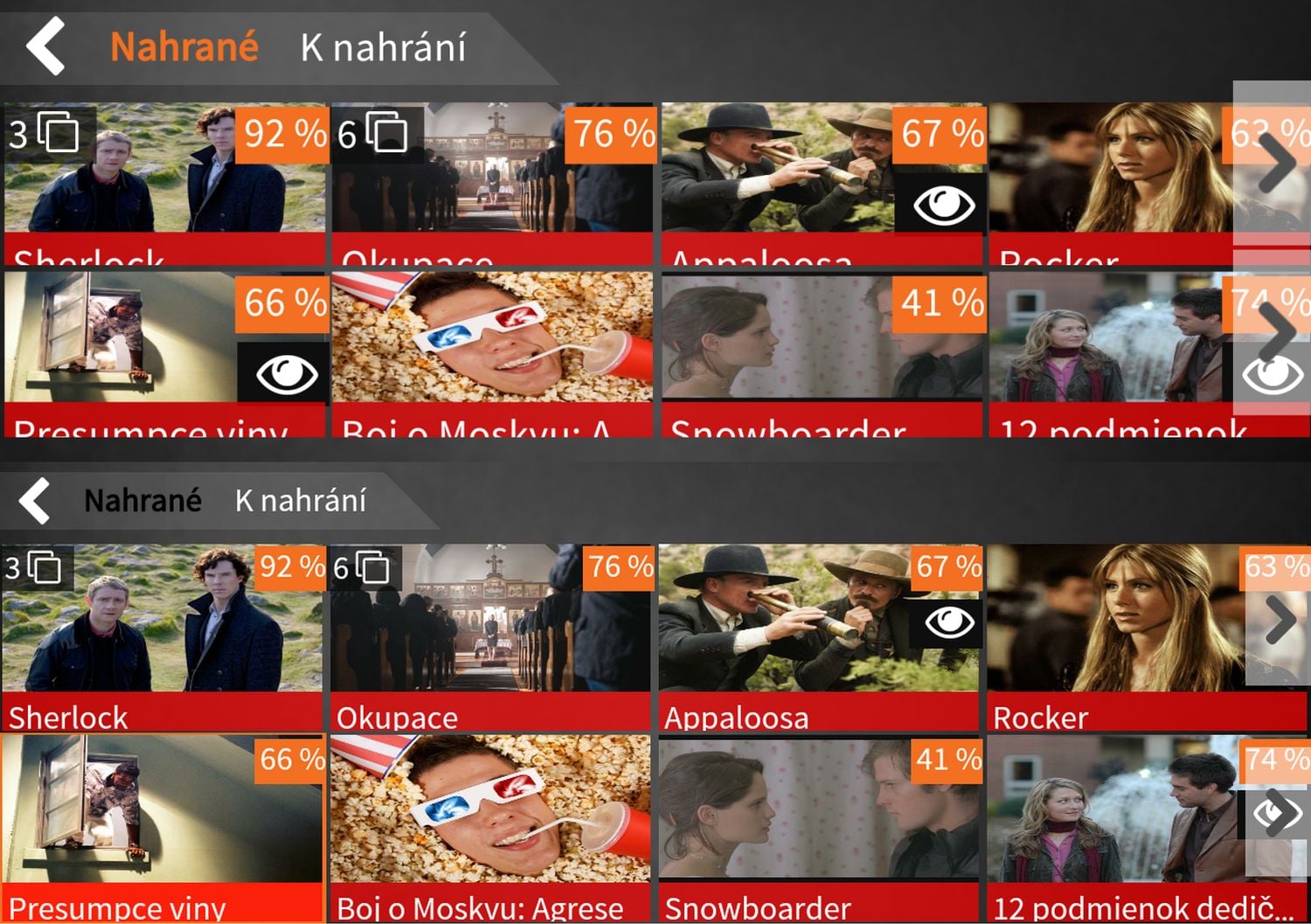 Nahoře je odchycena obrazovka z LG Flex 2, dole Energy Phone Max 4G. Rozdíl, resp. ořezání doprovodného označení nahrávek, je patrný a zjevně je dán rozdílem v rozlišení displejů.