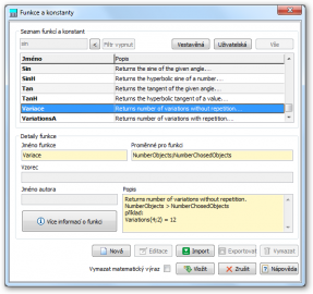Okno Funkce a konstanty.