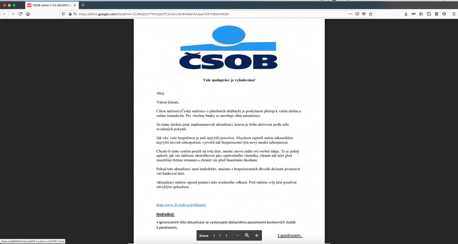 Phishing na klienty ČSOB. 26. 4. 2020