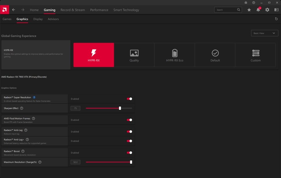 Volba AMD Fluid Motion Frames v nastaveních pro HYPR-RX