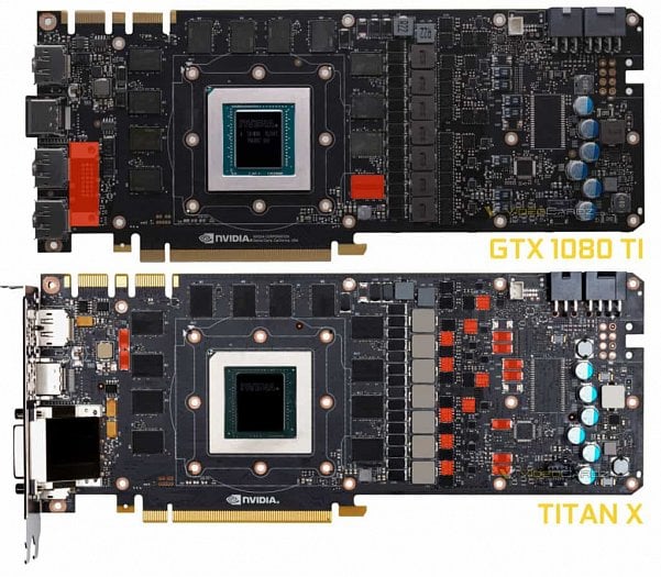 Srovnání PCB GeForce GTX 1080 Ti a Titanu X. Deska je stejná, Titan má vynechané zdvojené MOSFETy v napájecí kaskádě