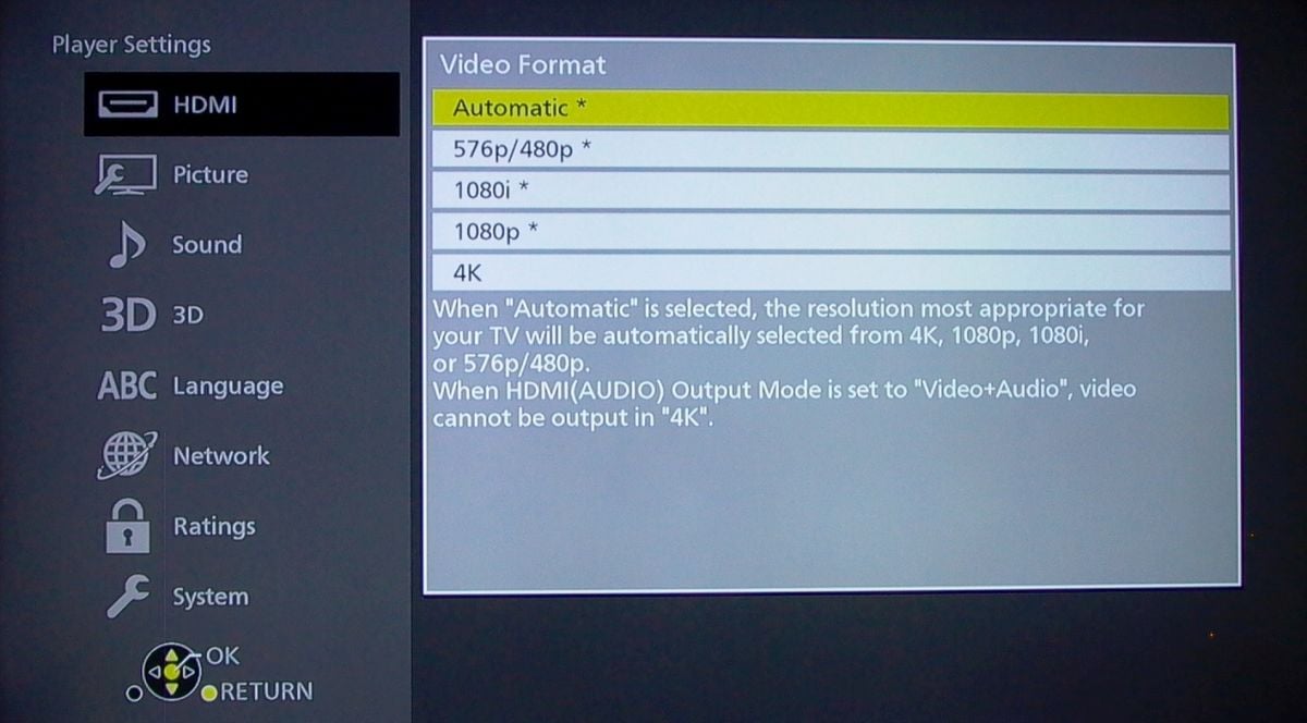 Panasonic DMP-UB700 – menu nastavení
