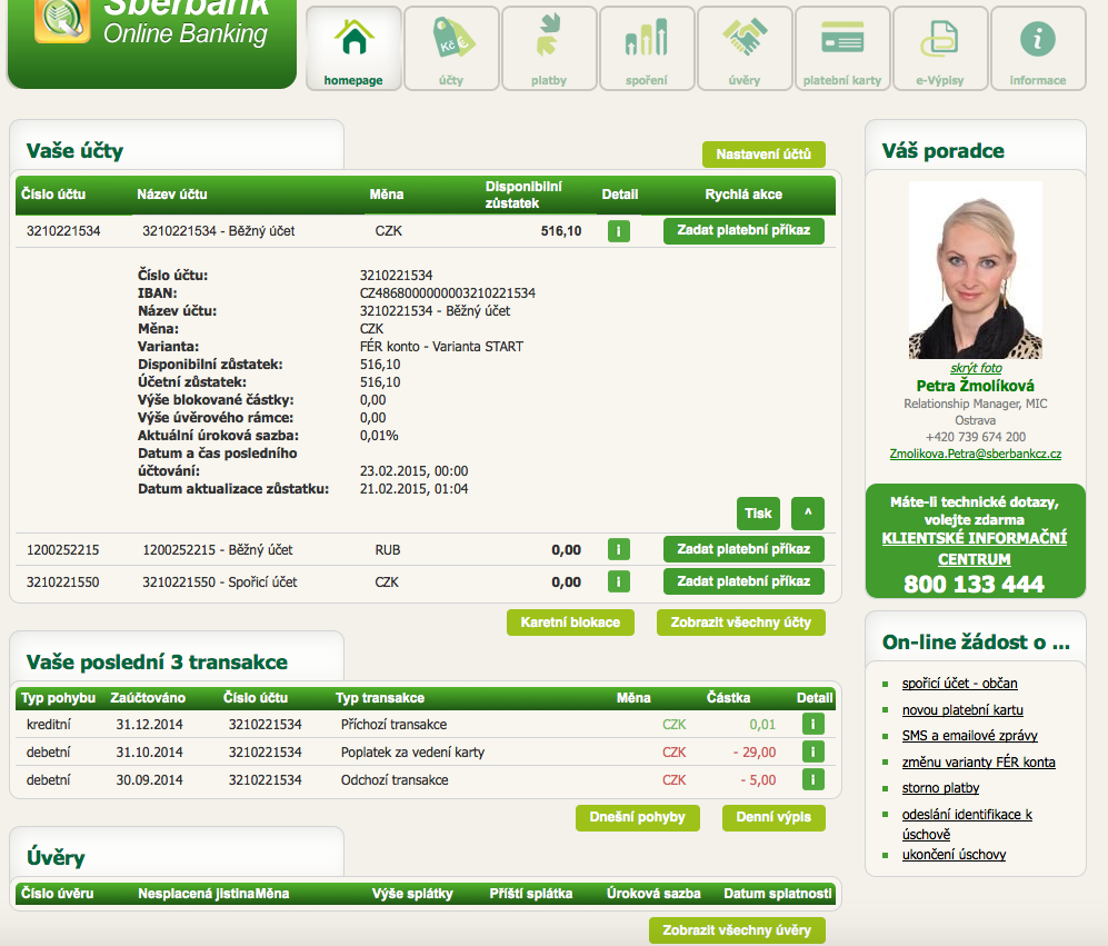 Sberbank. Internetové bankovnictví. 25.02.2015
