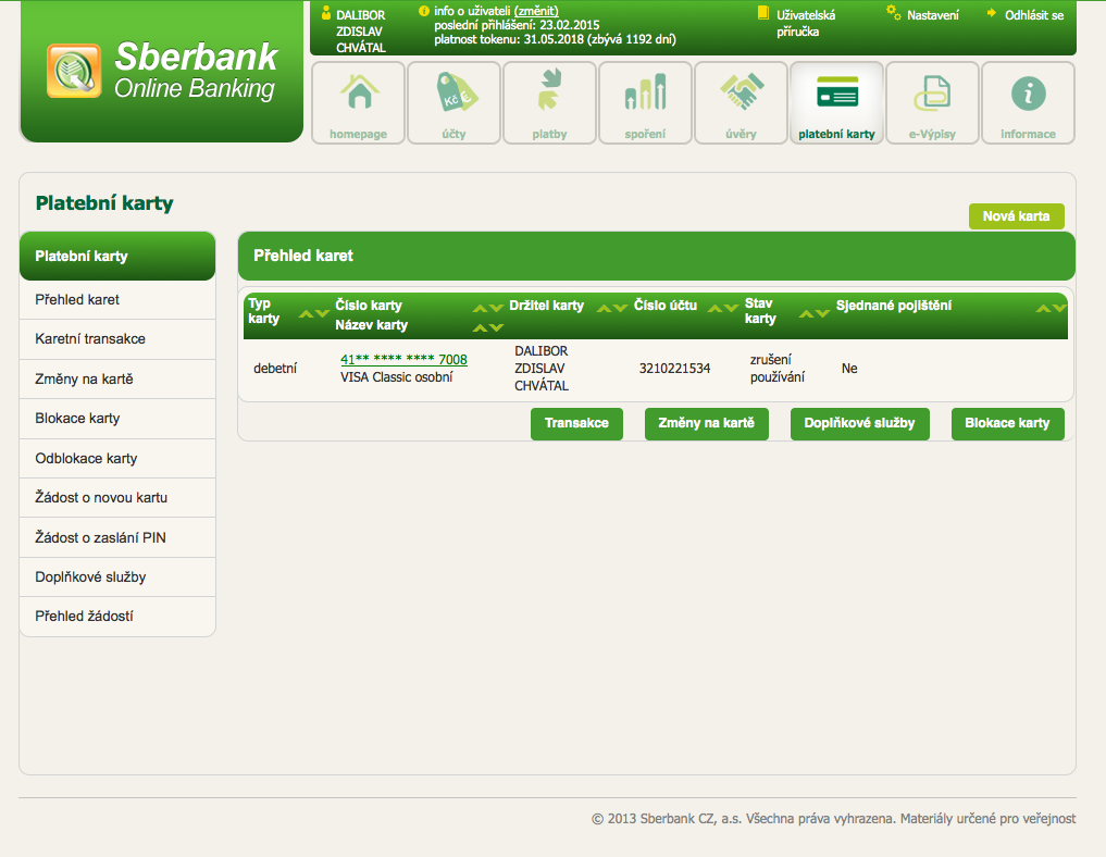 Sberbank. Internetové bankovnictví. 25.02.2015