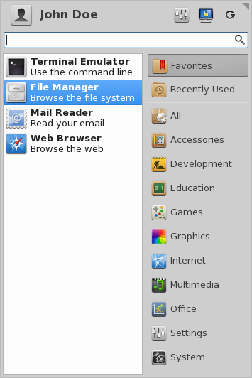 Whisker menu nabízí alternativu ke standardnímu menu s aplikacemi. Zobrazuje oblíbené položky a nabízí vyhledávání.