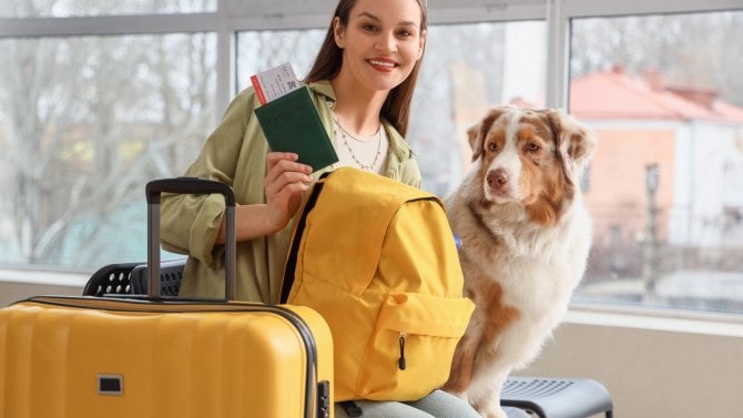 Žena na letišti se zavazadly, doklady a se psem