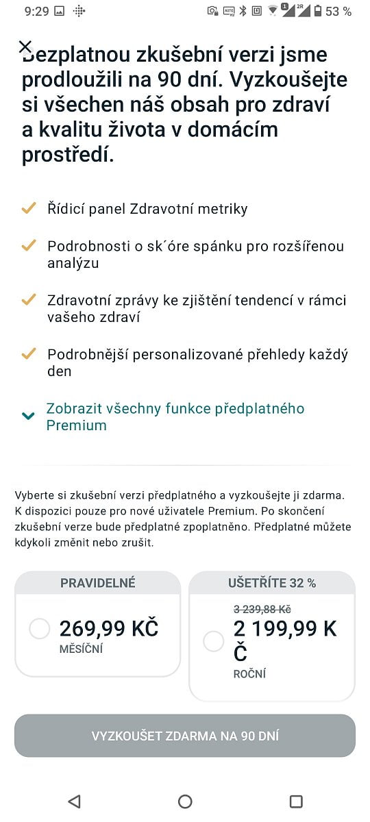 Předplatné Premium v aplikaci Fitbit je dobrovolné a vyjde v přepočtu nejméně na 183 Kč na měsíc při roční platbě. (4. 12. 2021)