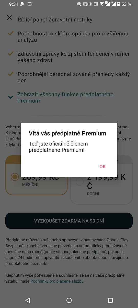 Nabídka předplatného Premium v aplikaci Fitbit. Předplatné odemkne možnost videokurzů s tréninky a podrobné vyhodnocení zdravotních dat ze zařízení Fitbit. (4. 12. 2021)